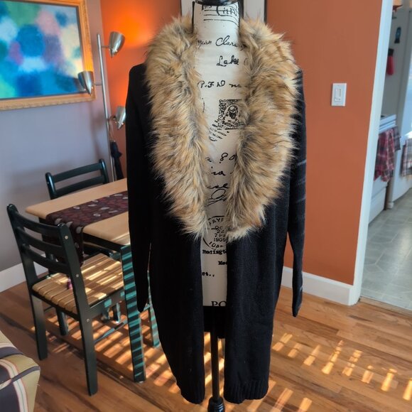 Vici Sweaters - Vici Long Black Cardigan with Faux Fur Collar Sz M